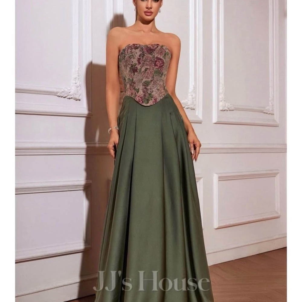 JJs House Green and Floral Strapless Dress